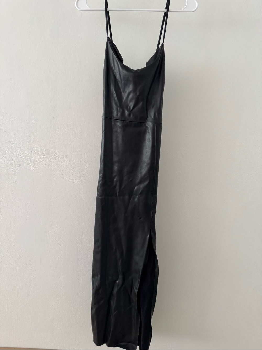 Zara Black Faux-Leather Midi Slip Dress with Thin Straps